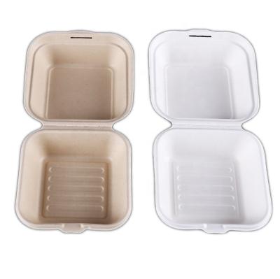 China Recycled Materials Sugarcane Pulp Eco Hamburger Box Bagasse Clamshell Box Compostable Paper Take Out Food To Go Container for sale