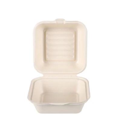 China Recycled Materials Eco-friendly Bagasse Disposable Take Out Lunch Burger Cake Box Paper Pulp Clamshell Box for sale