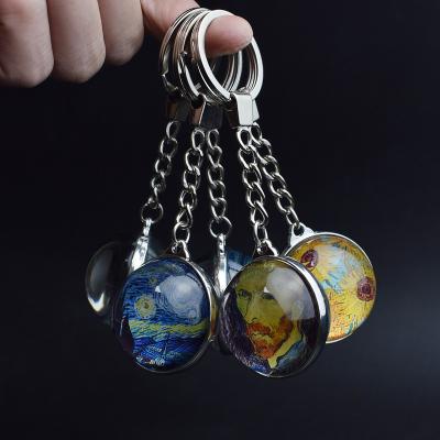 China Van Gogh Painting Sunflowers Starry Night Iris Metal Double Sided Key Chain 35mm Glass Ball Keychain Key Holder Souvenir Gift Large Size for sale