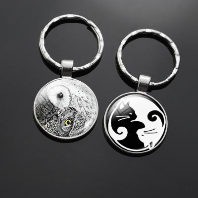 China Promotion Tai Chi Key Chains Yin Yang Cat Glass Cabochon Keychain Yin Yang Tree of Key Ring Pendant Yin-Yang Owl Trinket of Life for sale