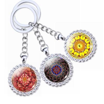 China Fashional Souvenir Gifts Mandala Key Chain Yantra Keychain OM Keychain Rhinestone Hinduism Accessious Pendant Jewelry For Women Yoga Souvenir Gift for sale