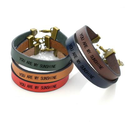 China Wholesale Vintage Fashion Jewelry Gifts Women Men Couple Bracelets For Lovers With Engraved Text You Are My Sunshine Leather Bracelet for sale