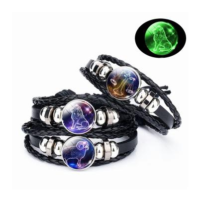 China Luminous Luminous Horoscope Couples Cabochon Zodiac Glass Sign Bracelets 12 Braided Punk Black Leather Woven Bracelet Constellaton Jewelery for sale