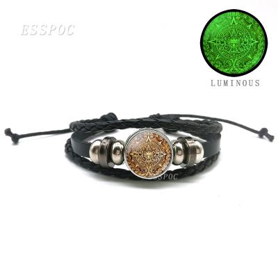 China Black Leather Bracelet Steampunk Charm Mexican Aztec Calendar Glass Dome Jewelry Braided Bangle Luminous Bangle for sale