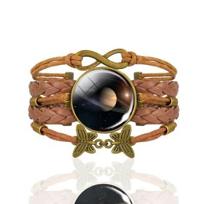 China Vintage Eight Planet Solar System Earth Jupiter Mercury Neptune Sun Moon Saturn Glass Cabochon Multilayer Leather Bracelet for sale