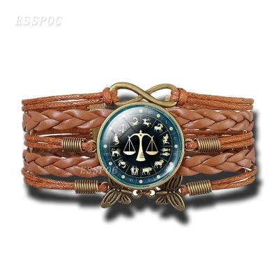 China Hot Sale 25mm Diameter Vintage Retro Braided Leather Bracelet Dome Jewelry Gift 12 Zodiac Constellation Sign Bracelets Couple Bracelet for sale