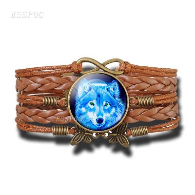 China Glass Moon Wolf Pattern Bracelet Beaded Charm Cabochon Retro Style ALLOY Punk Jewelry Leather Wrap Bracelets For Mens Womens Boys Gifts for sale