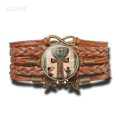 China Handmade Ancient Egypt Anubis Scarab Goddess Multilayer Leather Bracelet Vintage Egyptian Ankh Cross Bracelet For Women Men Gift for sale