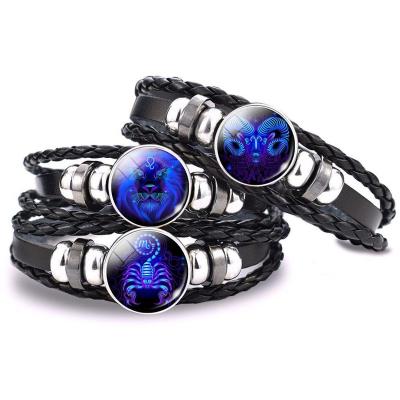 China 12 Promotion Birthday Gift Zodiac Sign Cabochon Bracelets Mens Woven Glass Men Women Woven Bracelet Constellations Bracelet Charm Jewelry for sale