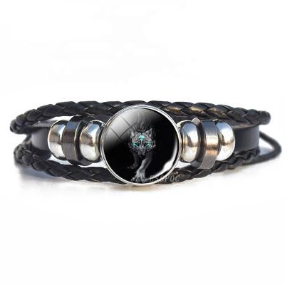 China Wolf Pattern Men's Women's Jewelry Gifts Glass Cabochon Wolf Black Braided Leather Fashion Personality Bracelet for sale