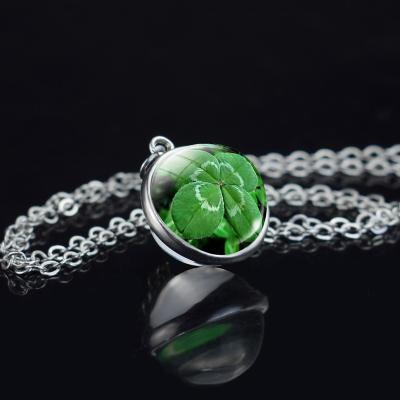 China Cute Four Leaf Clover Necklace For Women Silver Lucky Charm Men Fashion Glass Ball Pendant Jewelry For St Patrick's Day Gift for sale