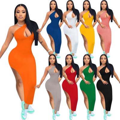 China 2021 Breathable Solid Color Summer Dress Woman High Quality Casual Oblique Shoulder Slits Cheap Dresses Women for sale