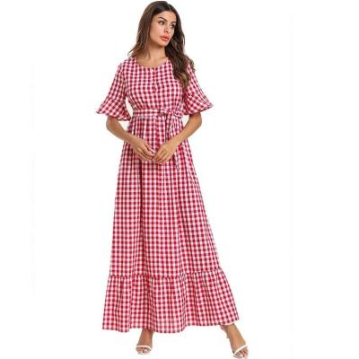 China Simple and Fashionable Plaid Quilting Slim Dress with Ruffles, Summer Short Sleeve Long Dresses, Loose Dresses Islamic Clothing XMDHM for sale