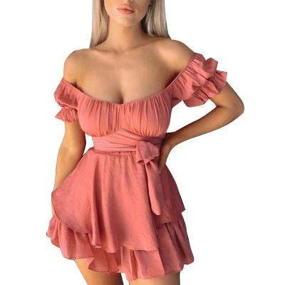 China OEM Plus Autumn Women Off Shoulder Ruffled Waist Trim Pleated Mini Dress for sale