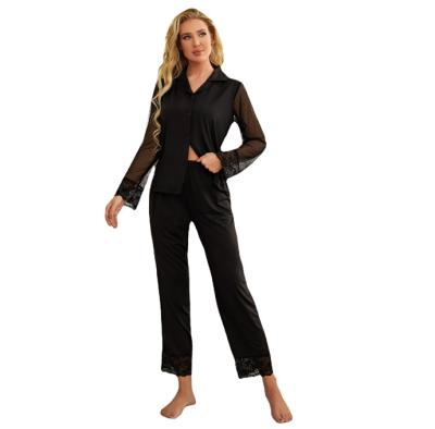 China 2 Pcs High Quality QUICK DRY Long Sleeve Women Set Button Down Pajamas Loungewear Solid Color Women Pajamas Set for sale