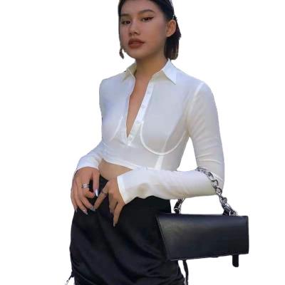 China Anti-pilling 2021 Spring Fashion Women New Clothing Blouse White Irregular Spring Designs Crop Top Turn Down Collar Shirts For Women Blouses for sale