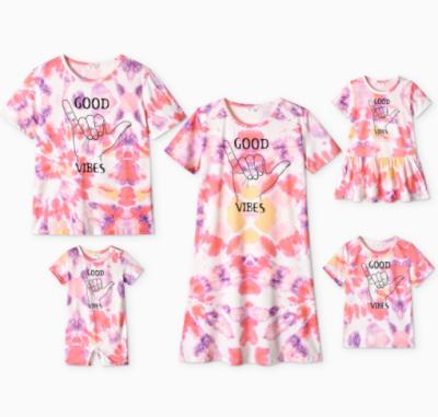 China 2022 QUICK DRY hot sale tie-dye parent-child outfit mommy and me summer family clothing cotton dress and matching T-shirt sets for sale