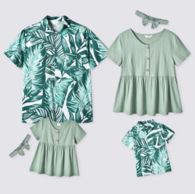 China 2022 QUICK DRY hot sale printed green leaf parent-child outfit mommy and me matching family clothing T-shirt sets for sale