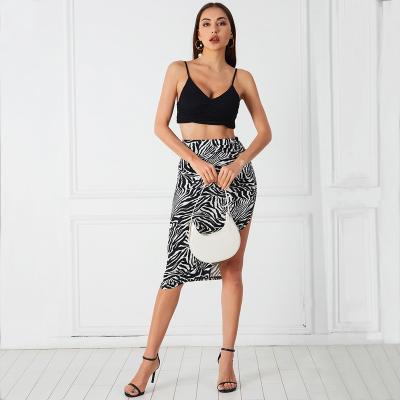 China Viable Women Club Crazy Double Skirt Ruched Thigh Zebra Stripe Bodycon Split Skirt for sale