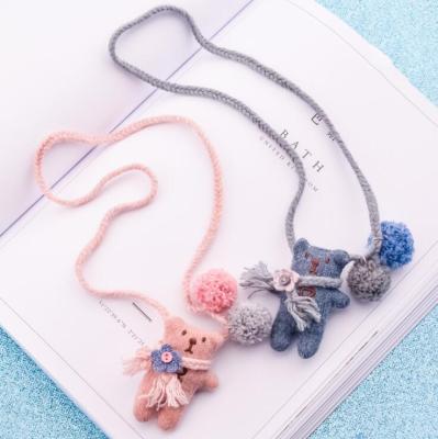 China Cute Knit Wool Bear Button Flower Plush Ball Children's Necklace Handmade Items for sale