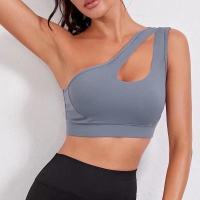 China Antibacterial High Quality Breathable Mesh Women's One Shoulder Sports Gym Fitness Bra for sale