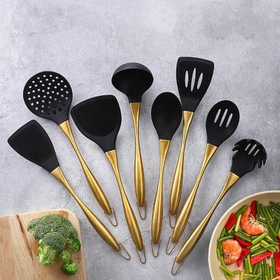 China Sustainable Premium Baking Utensil 304 Stainless Steel Gold 8 Pieces Set Silicone Cooking Utensils for sale