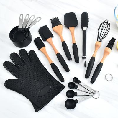 China Viable Manufacturer Supply Silicone Cookware Set Spatula Scraper Heat Resistant Cooking Tool Kit With Wooden Handle for sale