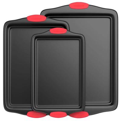 China Durable Commercial Red Silicone Handle Heavy Duty Aluminum Bakeware Set 3 PCS Stick Biscuit Cookie Non Baking Tray Sheet for sale