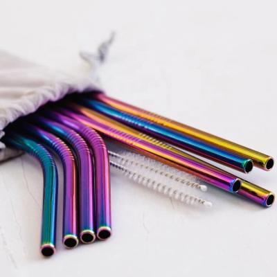 China Custom Reusable Bent Straight Metal Logo Viable Straw Rainbow Straws Set with Bag for sale