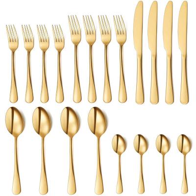 China Sustainable Gold Plated Cutlery Set Wedding Flatware Mirror Silverware Set Stainless Steel Set of 20 for sale