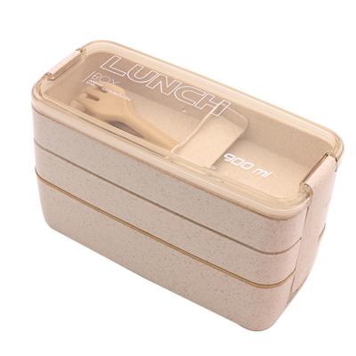 China Microwavable 3 in 1 Leakproof Wheat Straw Eco-frinedly Lunch Box Container Set with Spoon Fork for Student School Kids for sale