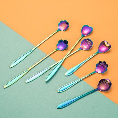 China Viable Creative Colorful Stainless Steel Flower Shape Spoon Coffee Tea Spoons Heart Gift Spoon Set for sale