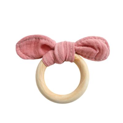 China Baby Eco-friendly Wholesale Baby Rabbit Ear Wooden Teether Chew Ring Toys for sale