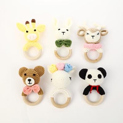 China Handmade animal shaped crochet toy soft hotsale animal rattle crochet Ring Rattle Teething Toy Baby wooden Teether for sale