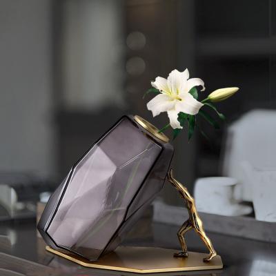 China Cognac Modern Minimalist Glass Vase Living Room Flower Pot Elegant Decorative Brass Floral Home Furnishing for sale