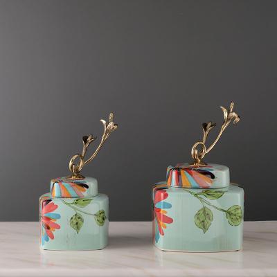 China Freshness Preservation New Chinese Style Painted Vintage Organizer Storage Box Decorative Ceramic Lids Hide Jars for sale