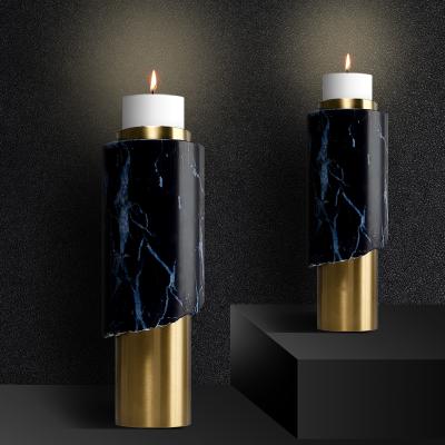 China Hot Selling Unique Luxury/American Modern/Lightweight American Marble Candlestick Black Blue Candle Holder For Home Decor for sale