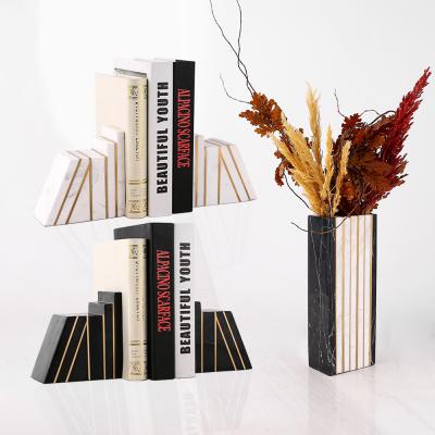 China Contemporary Modern Heavy White Marble Book Ends Black Book Vase Set Decorative Decor For Living Room for sale