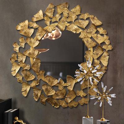 China Ginkgo Contemporary Modern Minimalist Large Leaf Stainless Steel Wall Decor Metal Home Living Room Mirror for sale