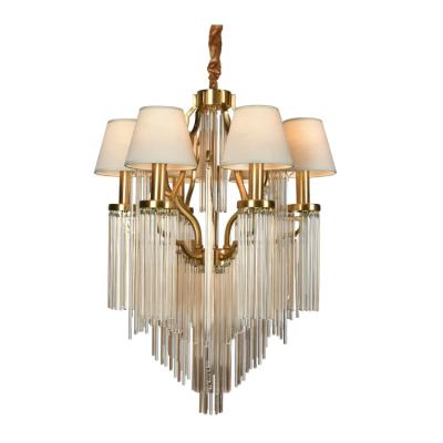 China Modern New Arrival 6 Lights Fabric Shade Clear Amber Glass Rod Brass Metal Chandelier Modern Pendant Light for sale