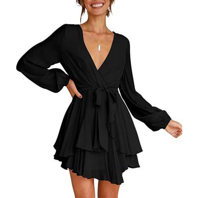 China Anti-Wrinkle Women's Dress Women's Long Sleeve Deep V-neck Dress Short Ruffle Mini Swing Skater Dresses for sale