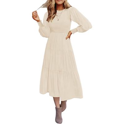 China 2023 Anti-Static Women's Casual Long Sleeve High Waist Bubble Sleeve Crew Neck Loose Pleated Midi Dress Solid Color for sale