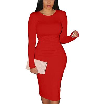 China Anti-Wrinkle Women's Long Sleeve Crew Neck Solid Color Work Sexy Bodycon Office Dress Midi Club Party Pencil Dresses for sale