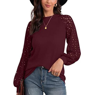 China Anti-Wrinkle Women's Waffle Knit Blouse Puff Long Sleeve Lace Tops Crew Neck Solid Color Casual Loose T-Shirts for sale