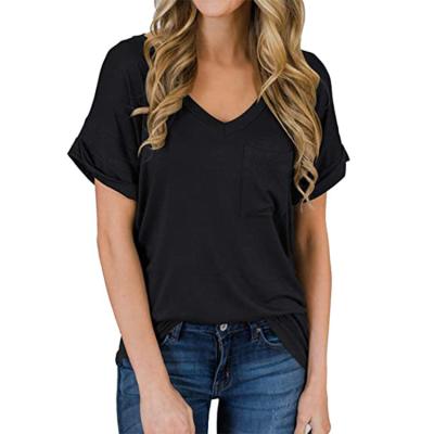 China Anti-pilling Women's Sexy Short Sleeve V-Neckline Tops Tee Solid Color Loose Casual Basic T-Shirt for sale