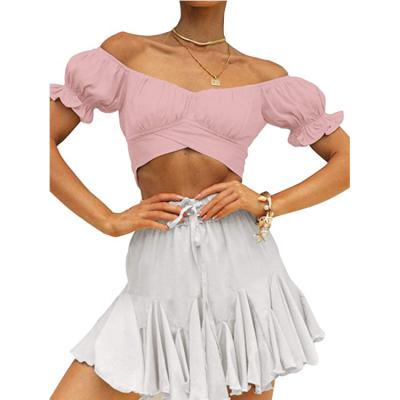 China Anti-pilling Women's Ruffle Short Sleeve Tie Up Crop Top Sexy V-Neckline Back / Off Shoulder Blouse for sale