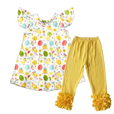 China Newest Kids Floating Sleeve Easter Eggs Clothing Boutique Animal Print Pearl Dress Baby Dress Set for sale