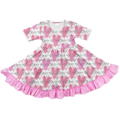 China Sustainable Kids Clothes Holiday Love Print Slip Wear O-Neck Short Sleeve Toddler Summer Ruffles Dresses for sale