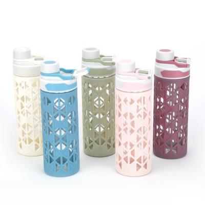 China New Design 600ML Sustainable High Borosilicate Wide Mouth Sports Glass Water Bottle With Silicone Sleeve for sale