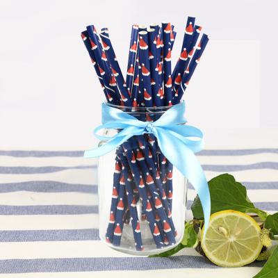 China Disposable Environmental Christmas Party Hat Paper Straw Disposable Food Grade Wrapping Paper Blue Bottom Straw Manufacturer for sale